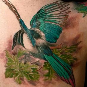 zielony ptak tatuaż na plecach
